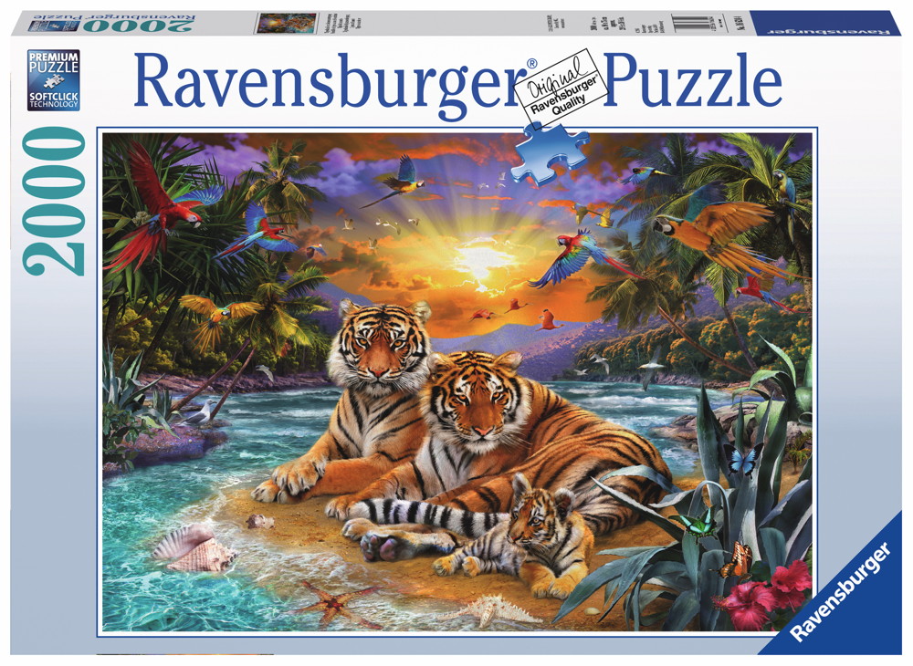 2000 Teile Ravensburger Puzzle Tigerfamilie im Sonnenuntergang 16624