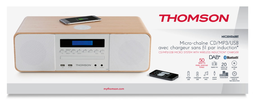 Thomson Bluetooth Kompaktanlage MIC201IDABBT USB MP3 Qi-Charger DAB+ Radio Holz wei TH371697