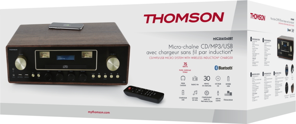 Thomson Bluetooth Kompaktanlage MIC256IBT USB MP3 Qi-Charger Radio Holz braun TH380552