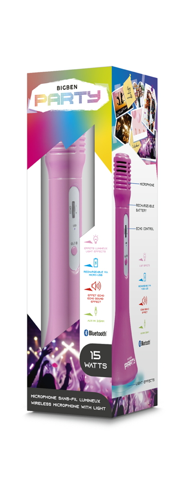 Bigben Bluetooth portabler Lautsprecher Party Mic Mikrofon Licht LED pink AU384017