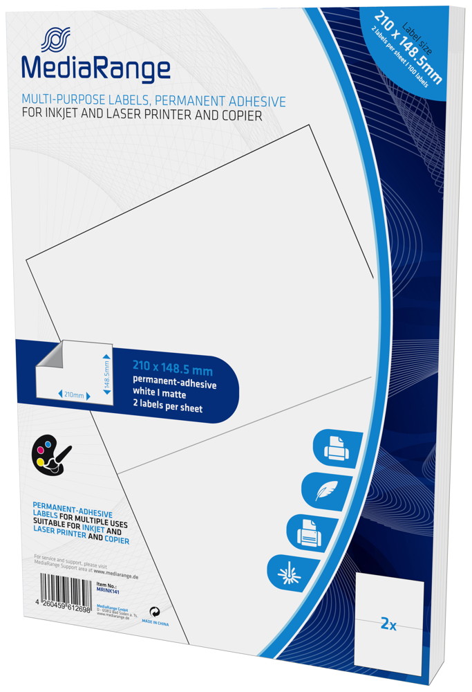 100 Mediarange Etiketten Label selbstklebend A5 210 x 148,5 mm auf 50 A4 Bogen