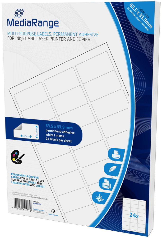 1200 Mediarange Etiketten Label selbstklebend 63,5 x 33,9 mm auf 50 A4 Bogen