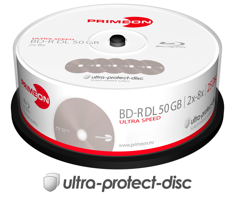 25 Primeon Rohlinge Blu-ray BD-R Dual Layer ultra protect disc 50GB 8x Spindel