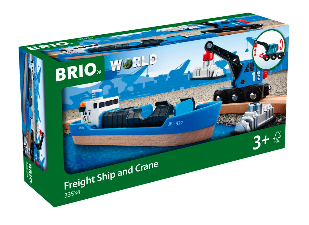 Brio World Eisenbahn Schiff Containerschiff mit Kranwagen