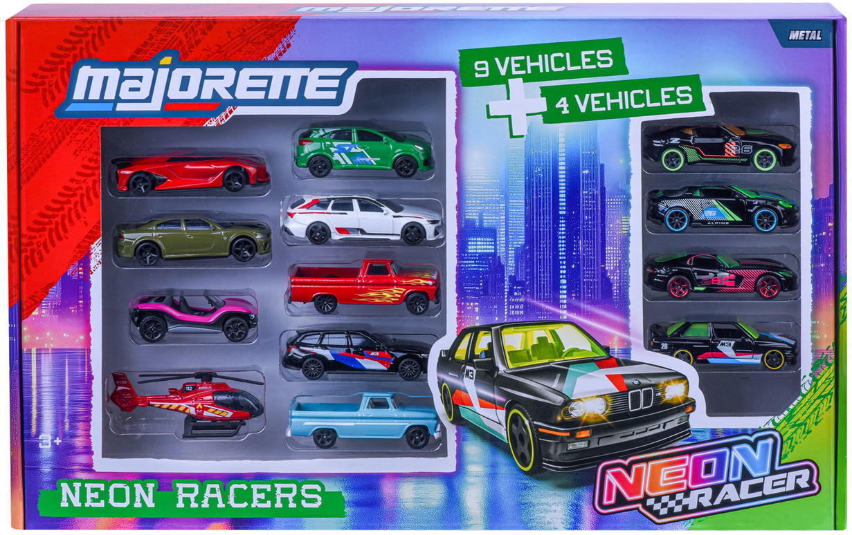 Majorette Spielzeugauto Neon Racer 13er Pack Giftpack 7,5 cm BMW, Dodge... 8504106001
