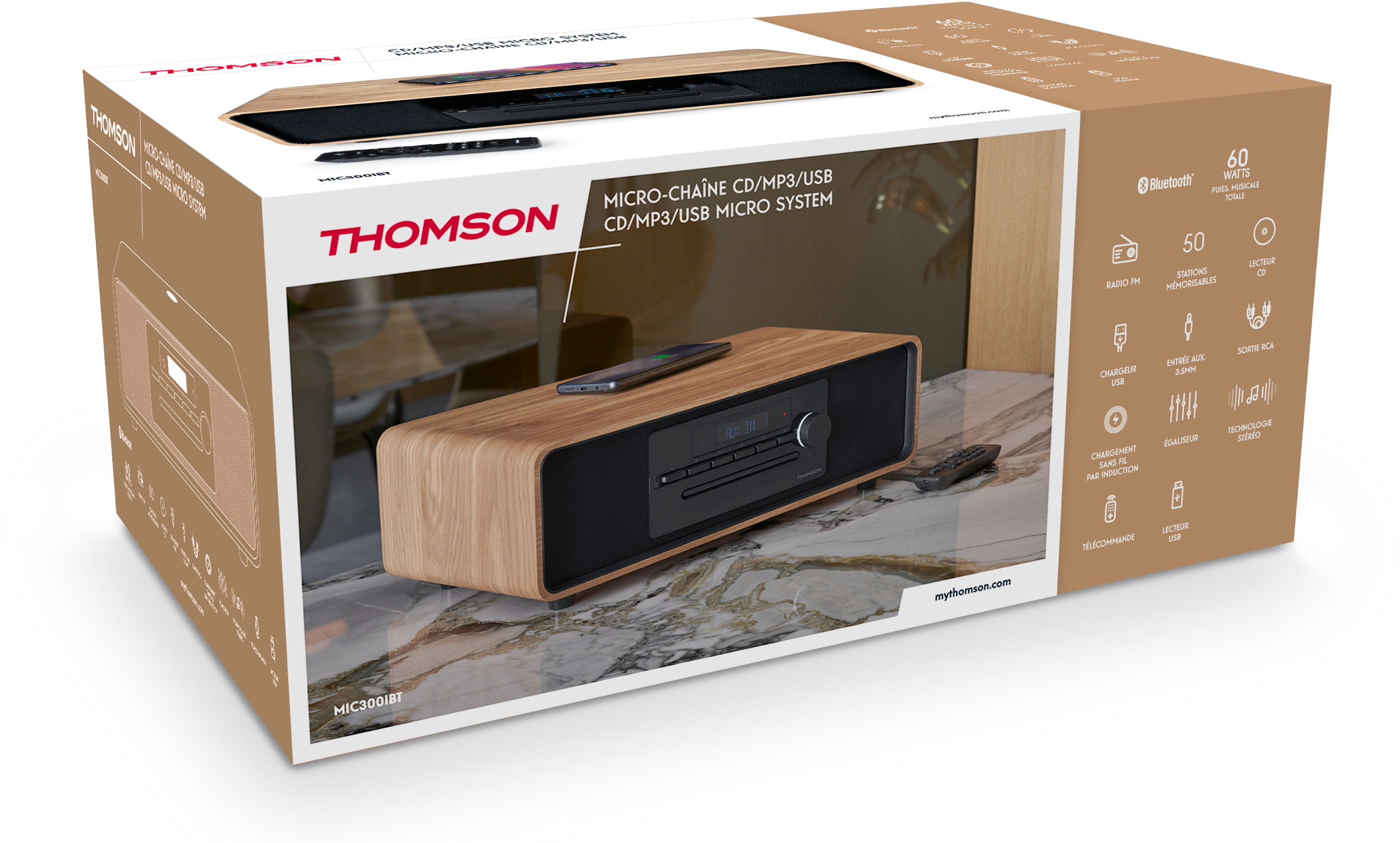 Thomson Bluetooth Kompaktanlage Induktion MIC300IBT USB Radio AUX-IN schwarz Holz braun TH388657