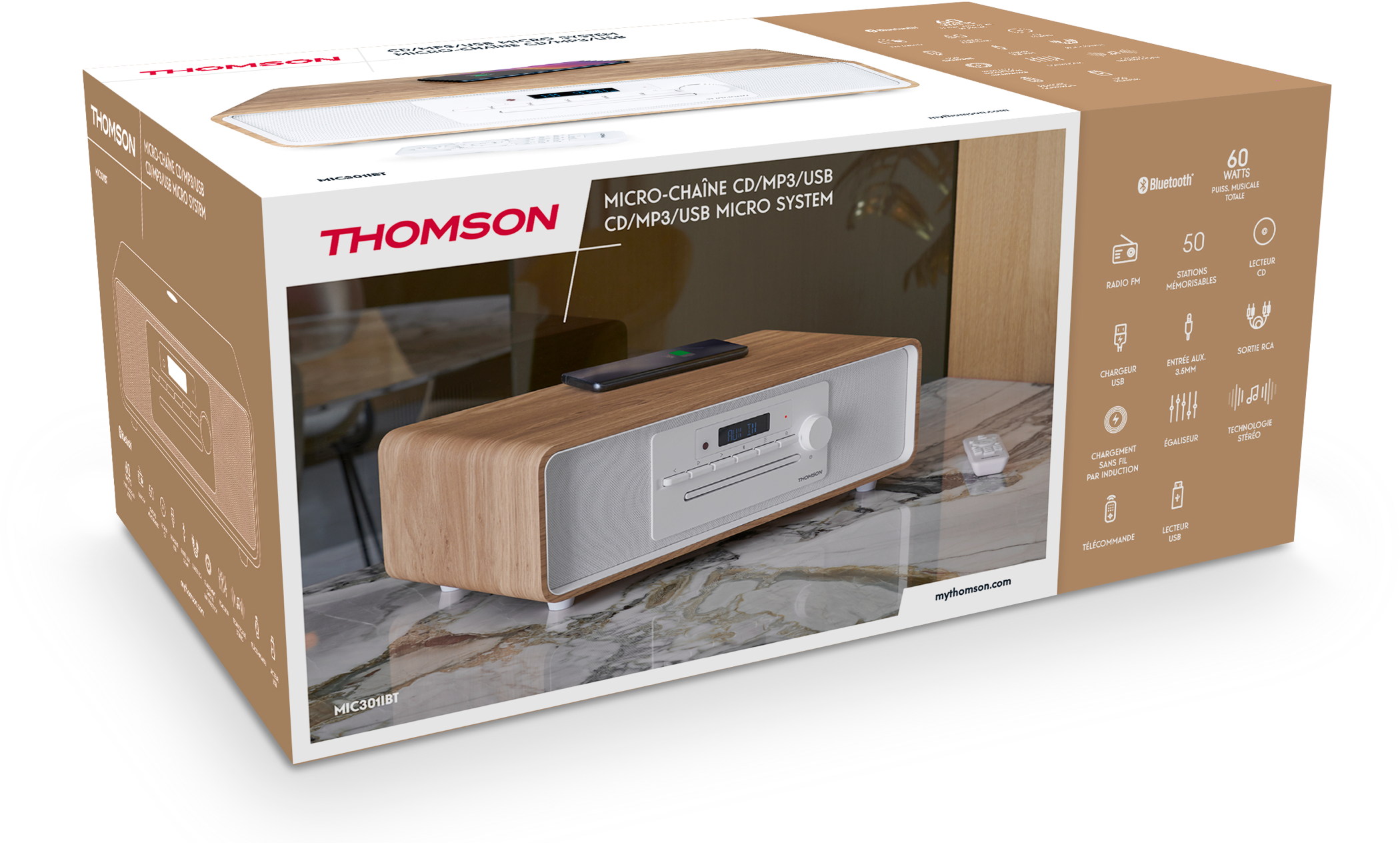 Thomson Bluetooth Kompaktanlage Induktion MIC301IBT USB Radio AUX-IN weiß Holz braun TH388664