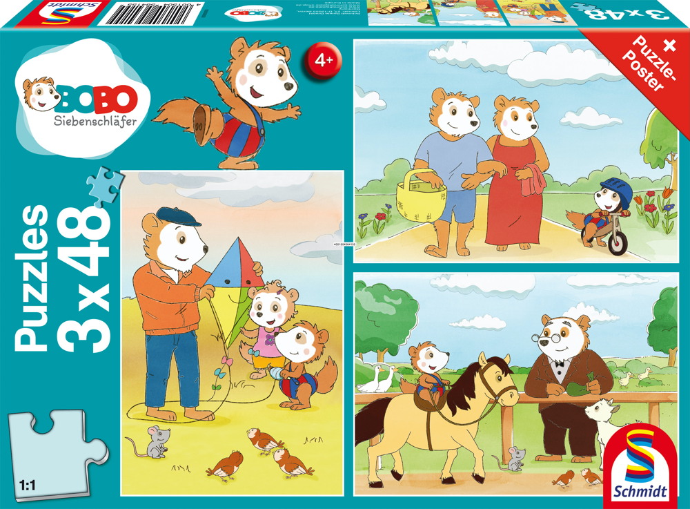 3 x 48 Teile Schmidt Spiele Kinder Puzzle Bobo Siebenschläfer Auf ins Abenteuer 56415