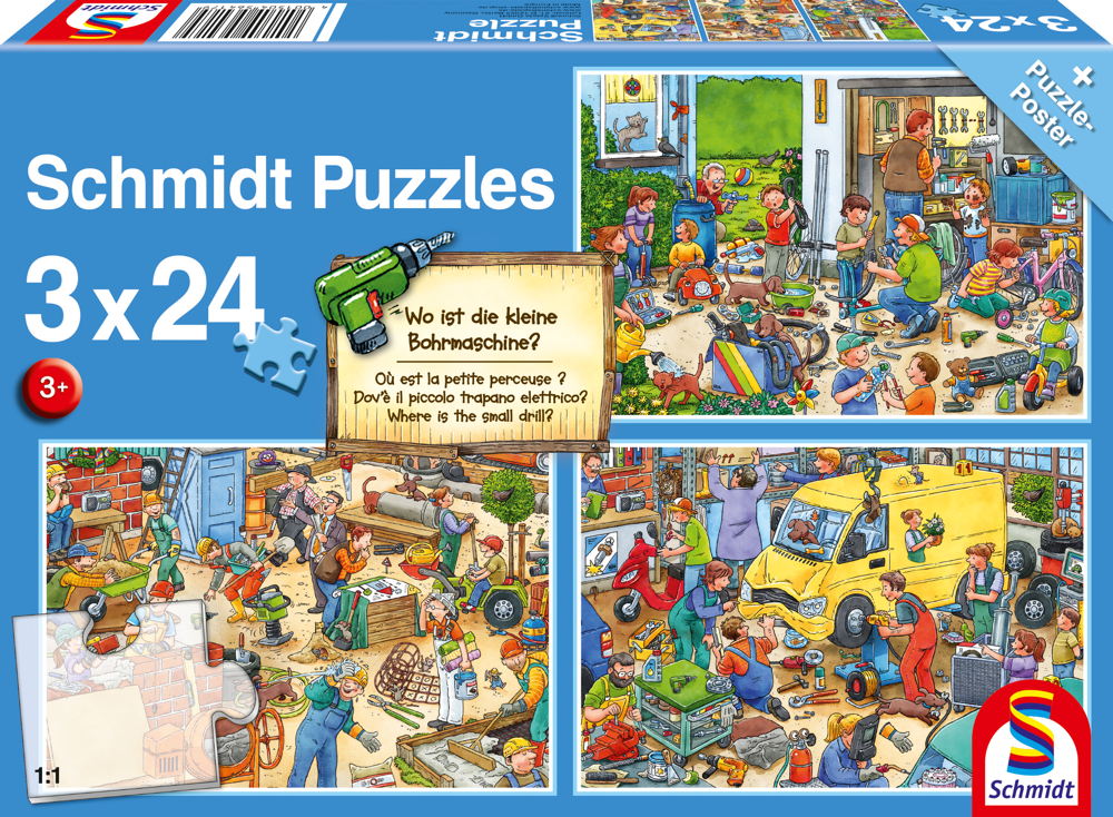 3 x 24 Teile Schmidt Spiele Kinder Puzzle Wo ist die kleine Bohrmaschine? 56417