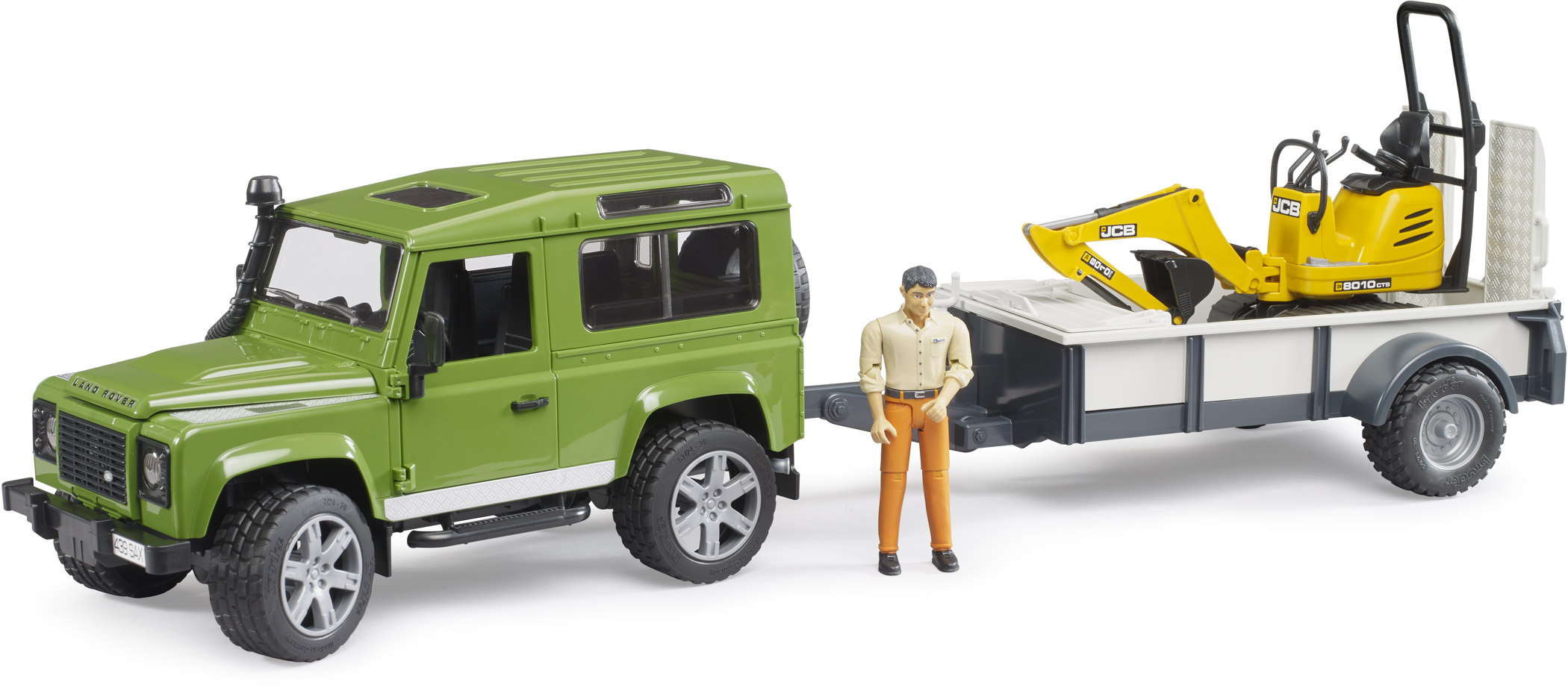 Bruder Spielfahrzeug Anh�nger Land Rover Defender, Einachsanh�nger JCB Mikrobagger Bauarbeiter 02593
