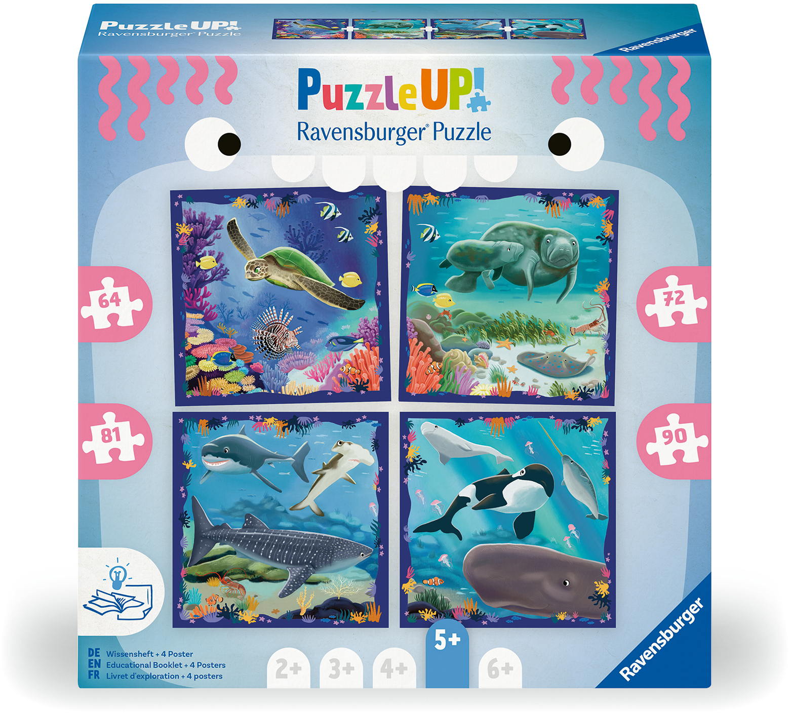 4 Puzzle 64, 72, 81, 90 Teile Ravensburger Kinder Puzzle UP! Meerestiere + Wisssensheft 12004004