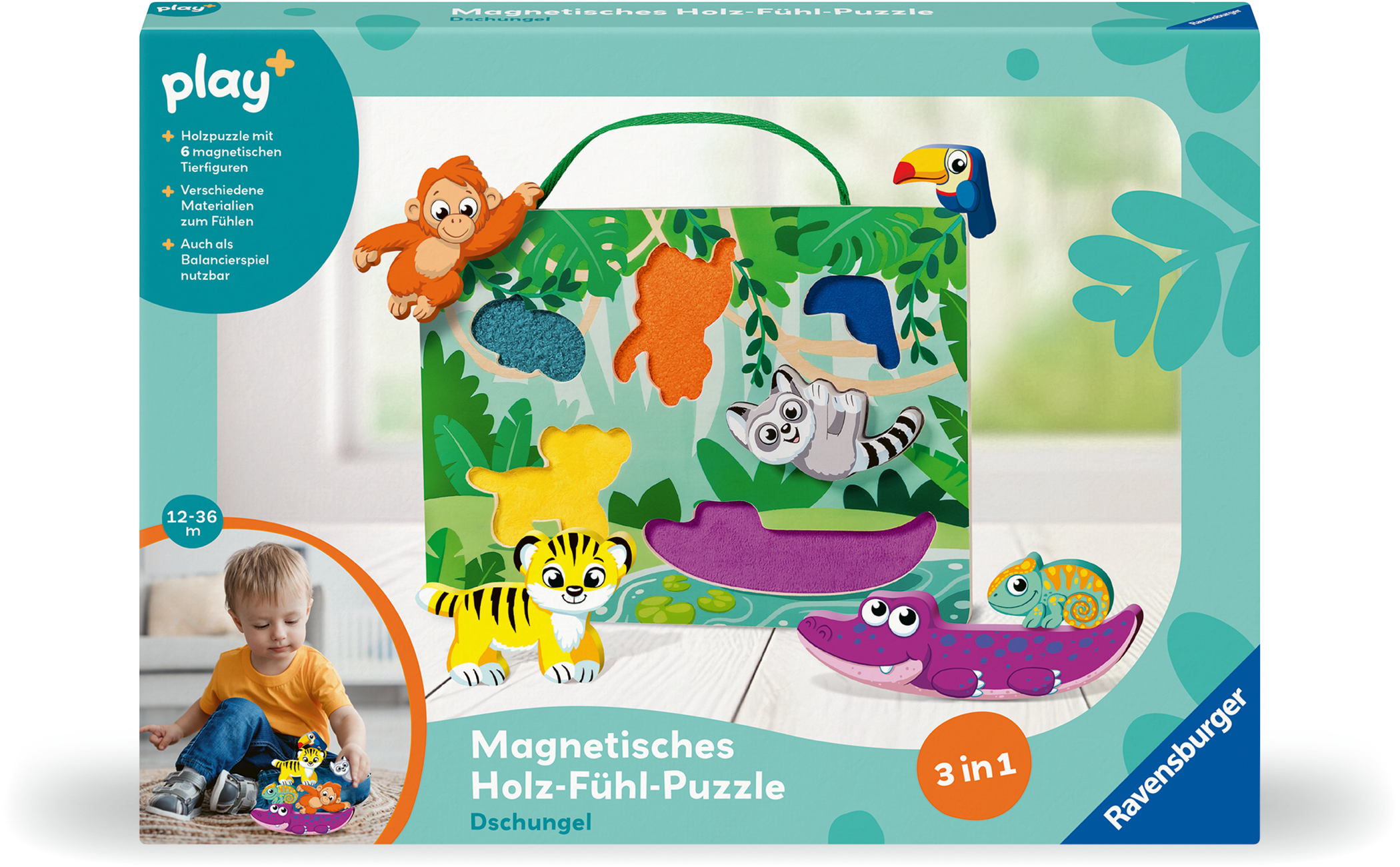 Ravensburger Babywelt Motorikspielzeug Play+ Magnetisches Holz-F�hl-Puzzle Dschungel 04872