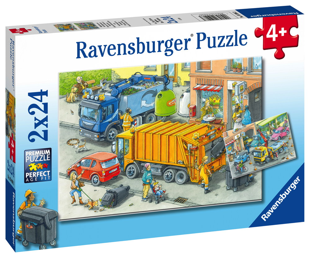 2 x 24 Teile Ravensburger Kinder Puzzle Müllabfuhr und Abschleppwagen 05096