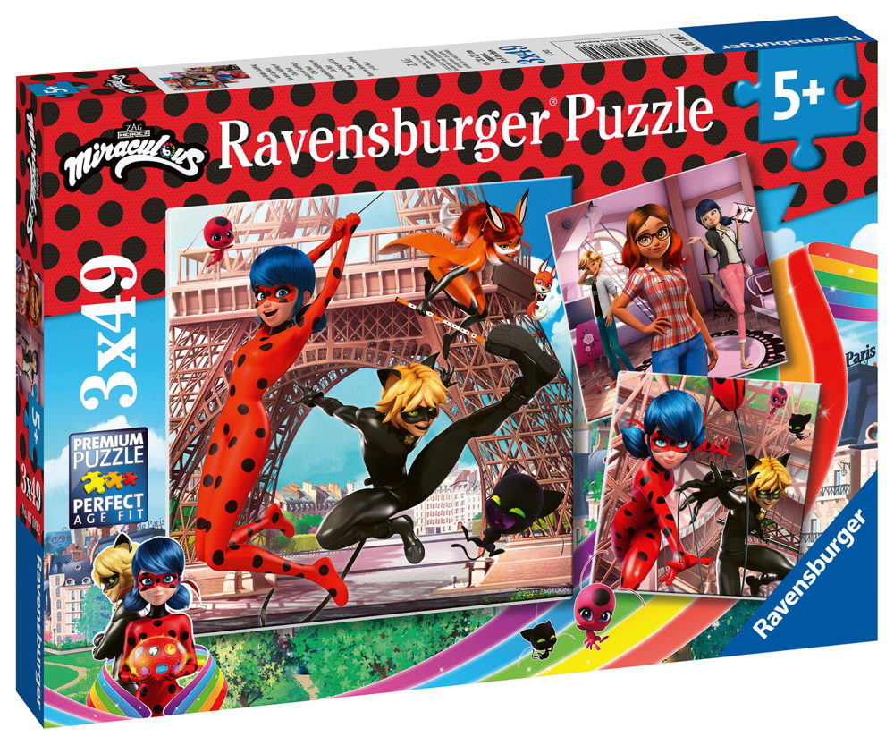 3 x 49 Teile Ravensburger Kinder Puzzle Miraculous Unsere Helden Ladybug und Cat Noir 05189
