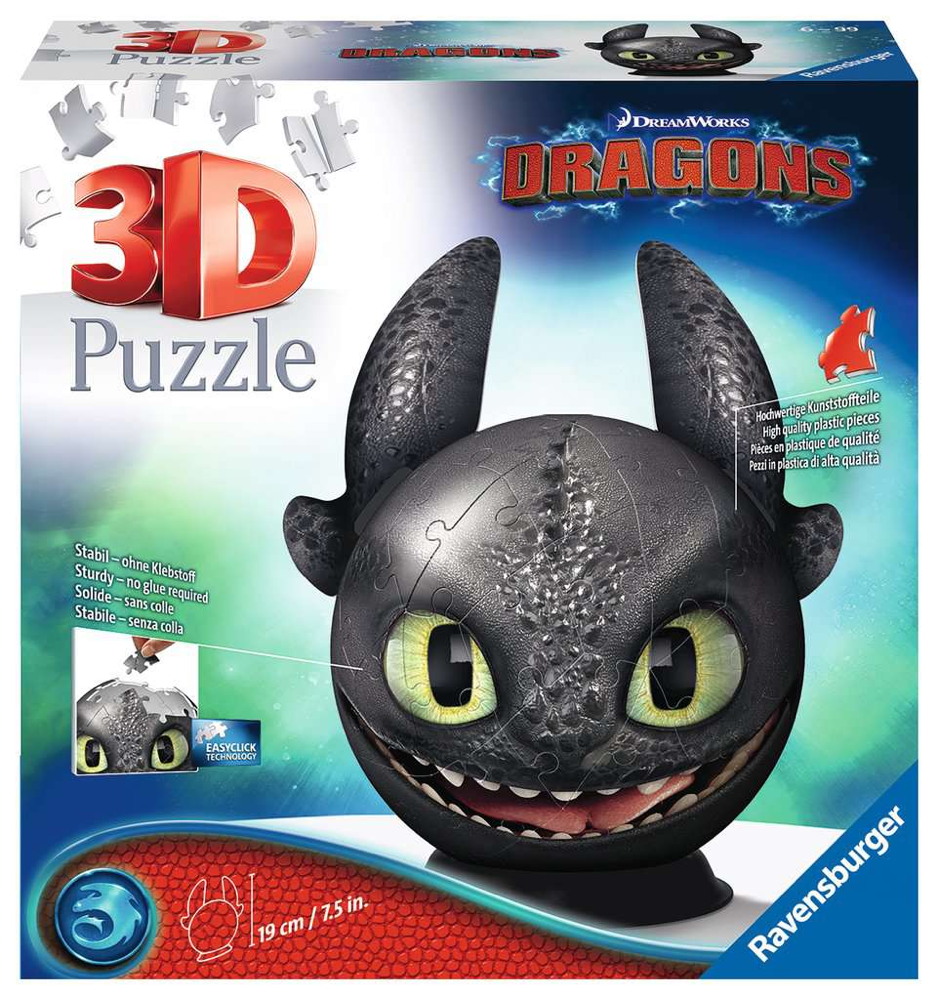 72 Teile Ravensburger 3D Puzzle Ball Dragons 3 Ohnezahn mit Ohren 11145
