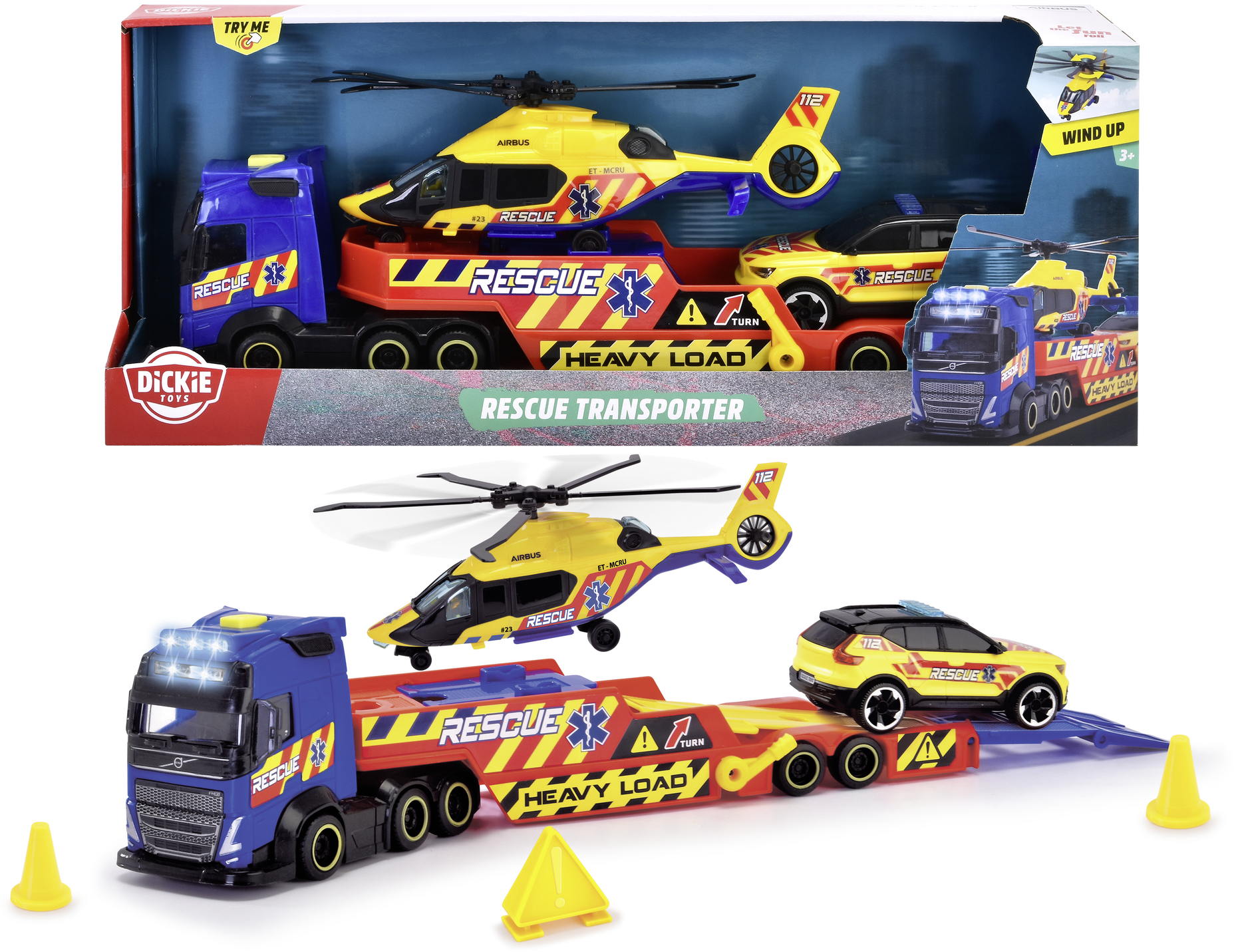 Dickie Spielfahrzeug Set LKW, Helikopter, Krankenwagen Go Real / SOS Rescue Transporter 203717005