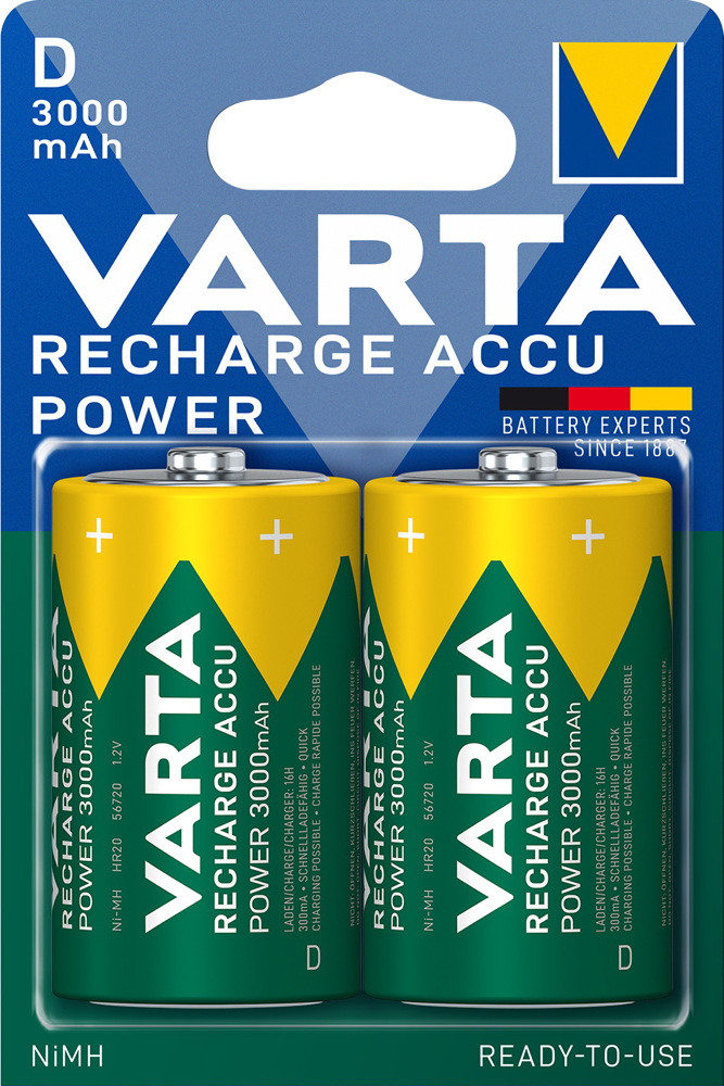 2 Varta 56720 Akku D 3000mAh Recharge Accu Power NiMH im 2er Blister