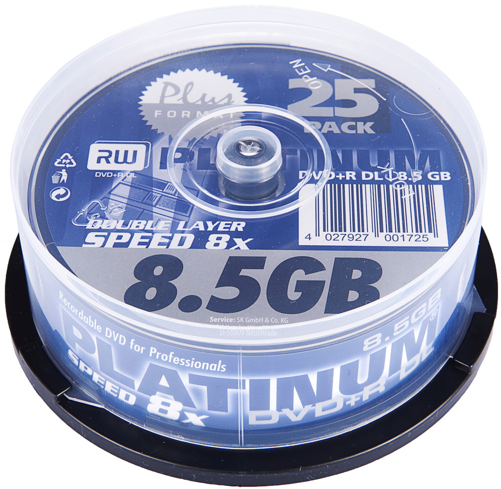 25 Platinum Rohlinge DVD+R Double Layer 8,5GB 8x Spindel 25 Platinum Rohlinge DVD+R Double Layer 8,5GB 8x Spindel