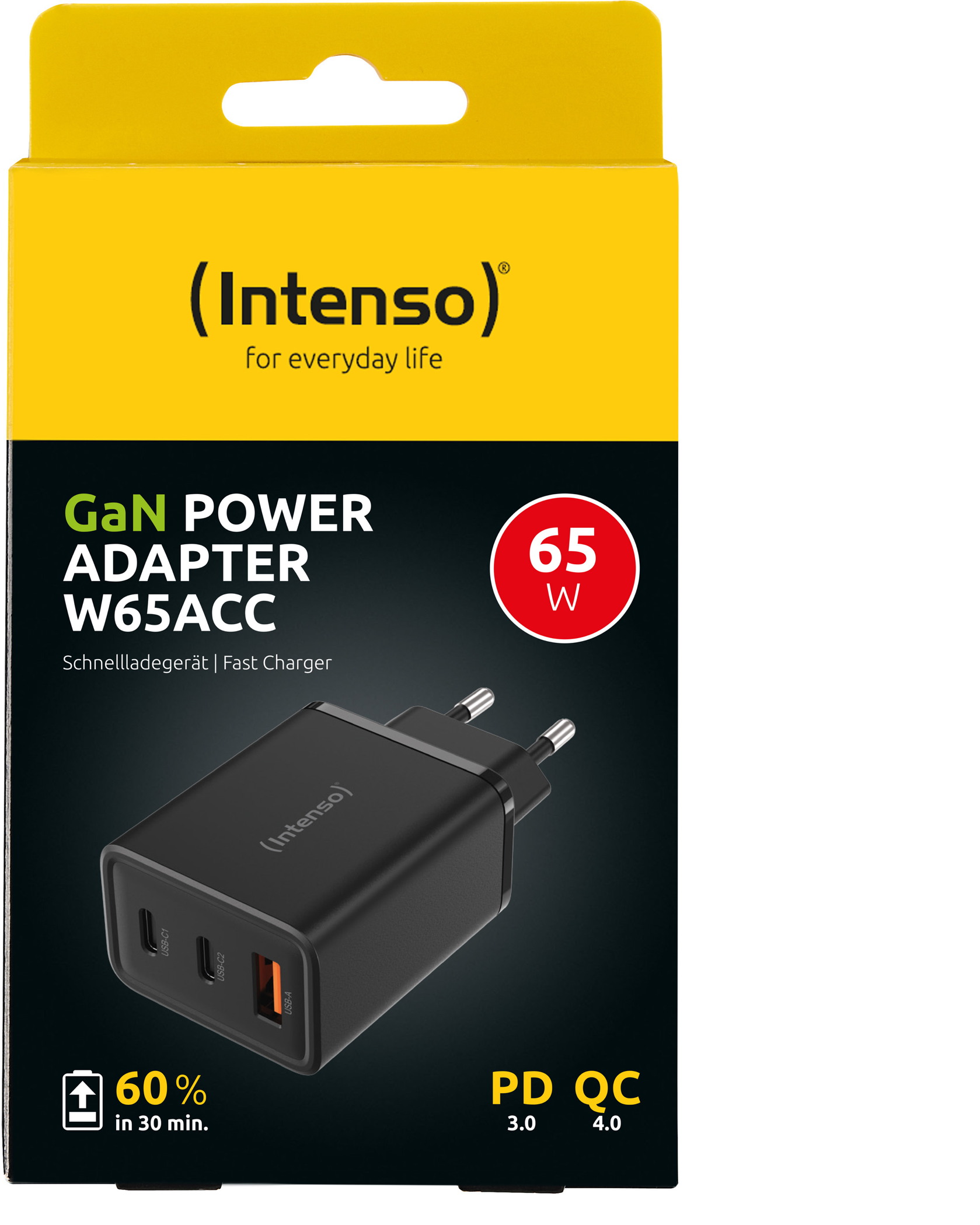 Intenso Ladegerät Power Adapter 65 Watt W65ACC GaN 1x USB-A + 2x USB-C für 3 Geräte schwarz