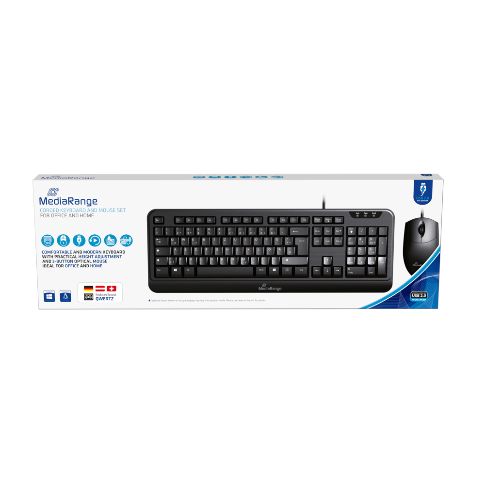 Mediarange Set Maus und Tastatur mit Kabel 3 Tasten QWERTZ schwarz MROS108