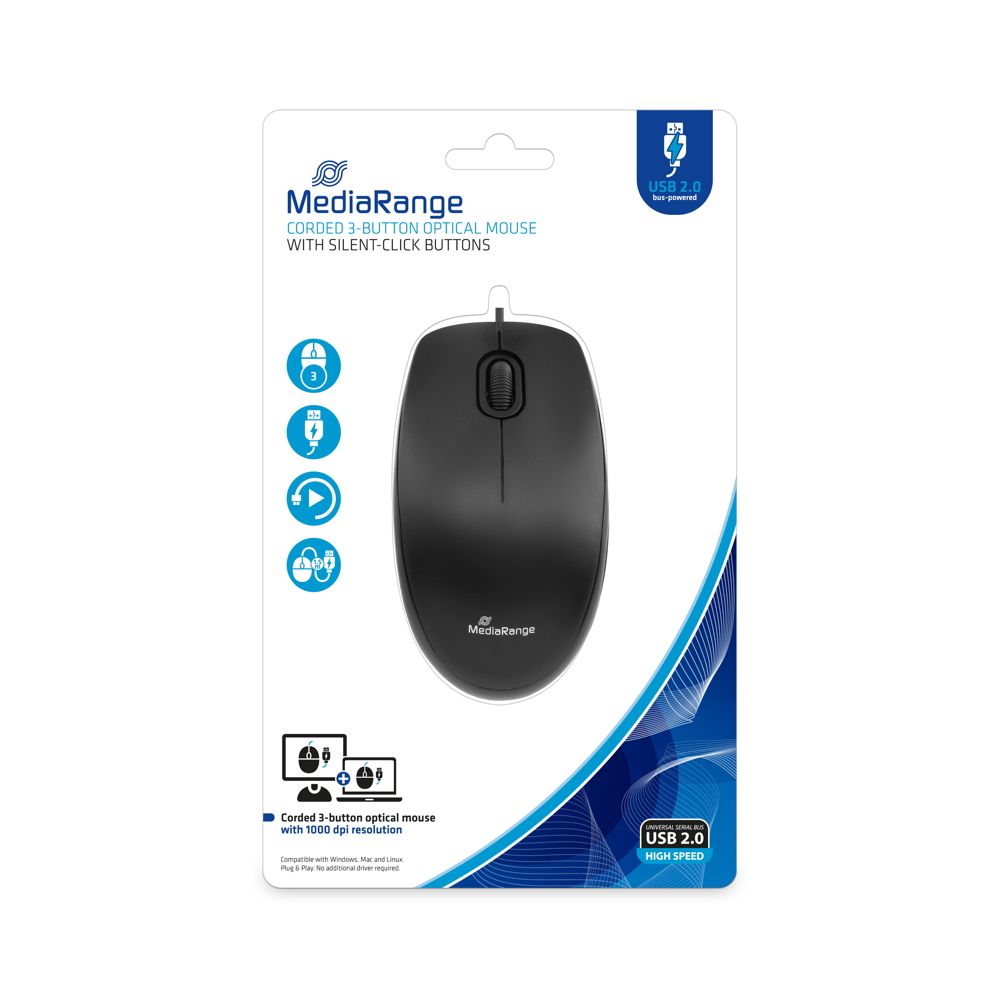 Mediarange Maus optisch ger�uscharm mit Kabel 3 Tasten 1000 dpi schwarz MROS212