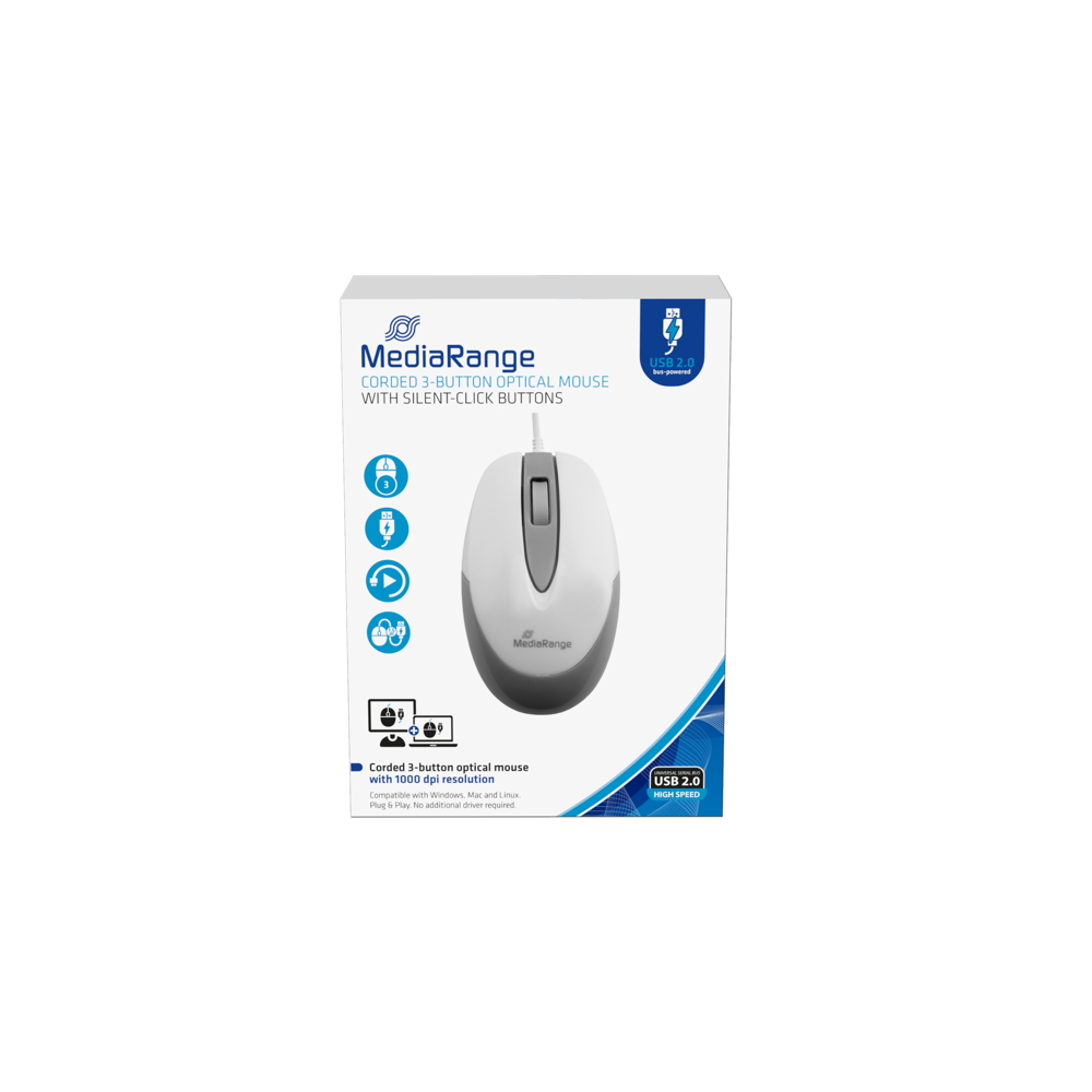 Mediarange Maus optisch mit Kabel 3 Tasten 1000 dpi weiß MROS214