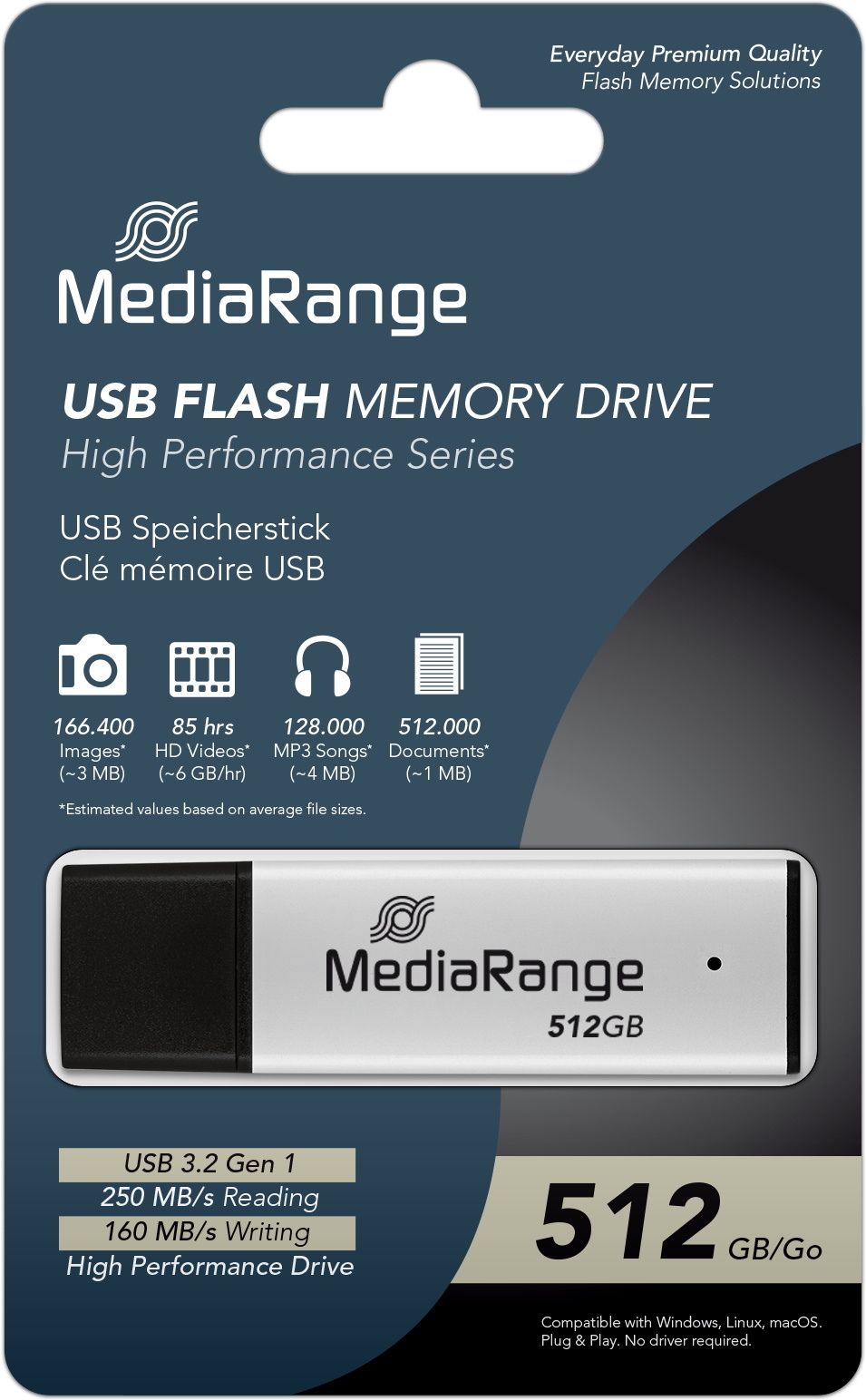 Mediarange USB Stick 512GB Speicherstick High Performance silber USB 3.2 Gen 1