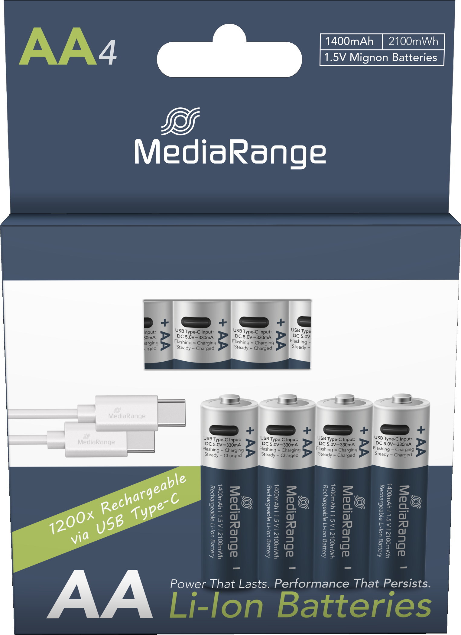4 Mediarange Akku AA mit USB-C Anschluss Li-Ion Mignon 1.5V 1.400mAh Ladekabel