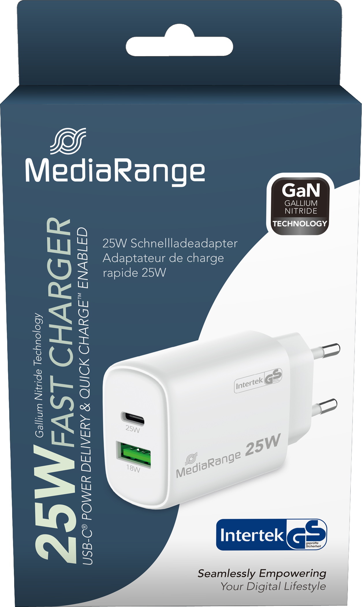 Mediarange Ladeger�t Power Adapter 25 Watt GaN 1x USB-A + 1x USB-C f�r 2 Ger�te wei�