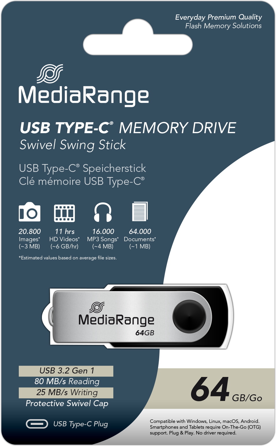 Mediarange USB Stick 64GB Speicherstick silber Typ C USB 3.2 Gen 1