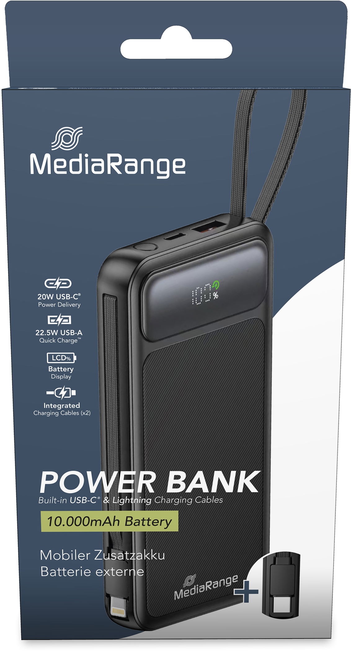 Mediarange Powerbank mobile Ladestation 10000 mAh Ladegerät USB 2x Typ C, Typ A, Lightning schwarz