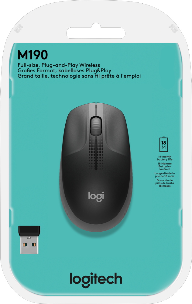 Logitech Maus M190 optisch Wireless kabellos 3 Tasten 1000 dpi anthrazit 910-005905