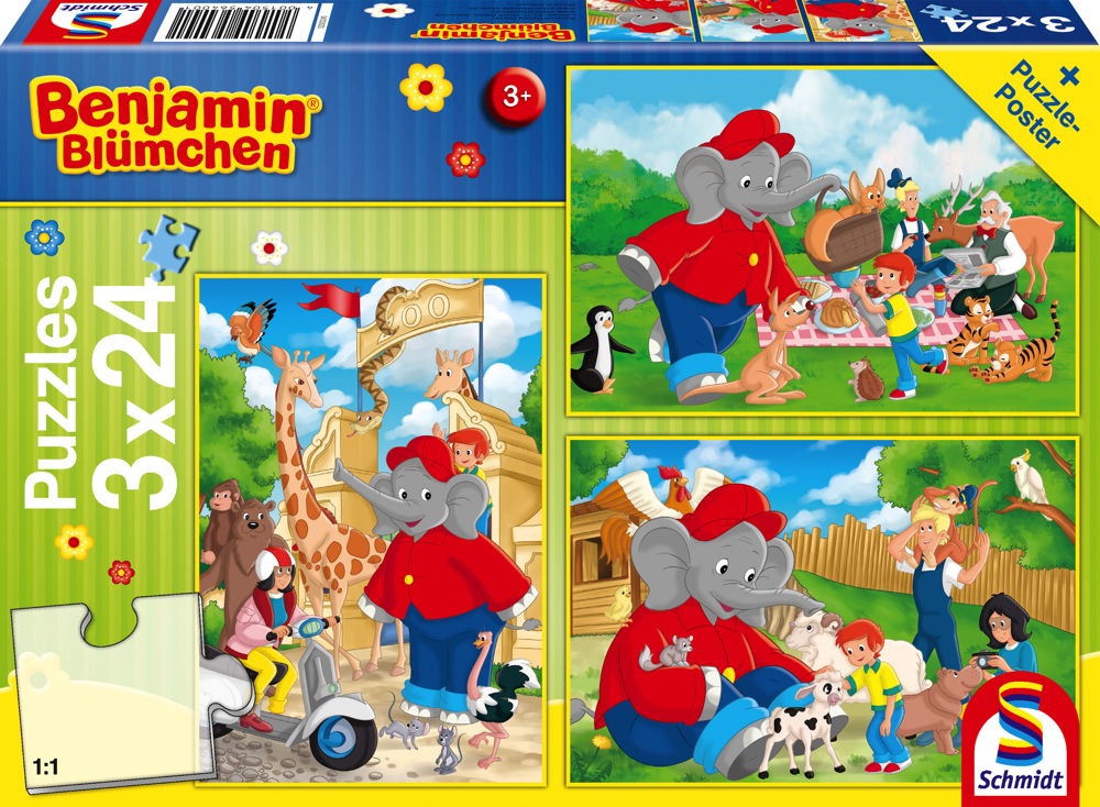 3 x 24 Teile Schmidt Spiele Kinder Puzzle Benjamin Blümchen Im Zoo 56400