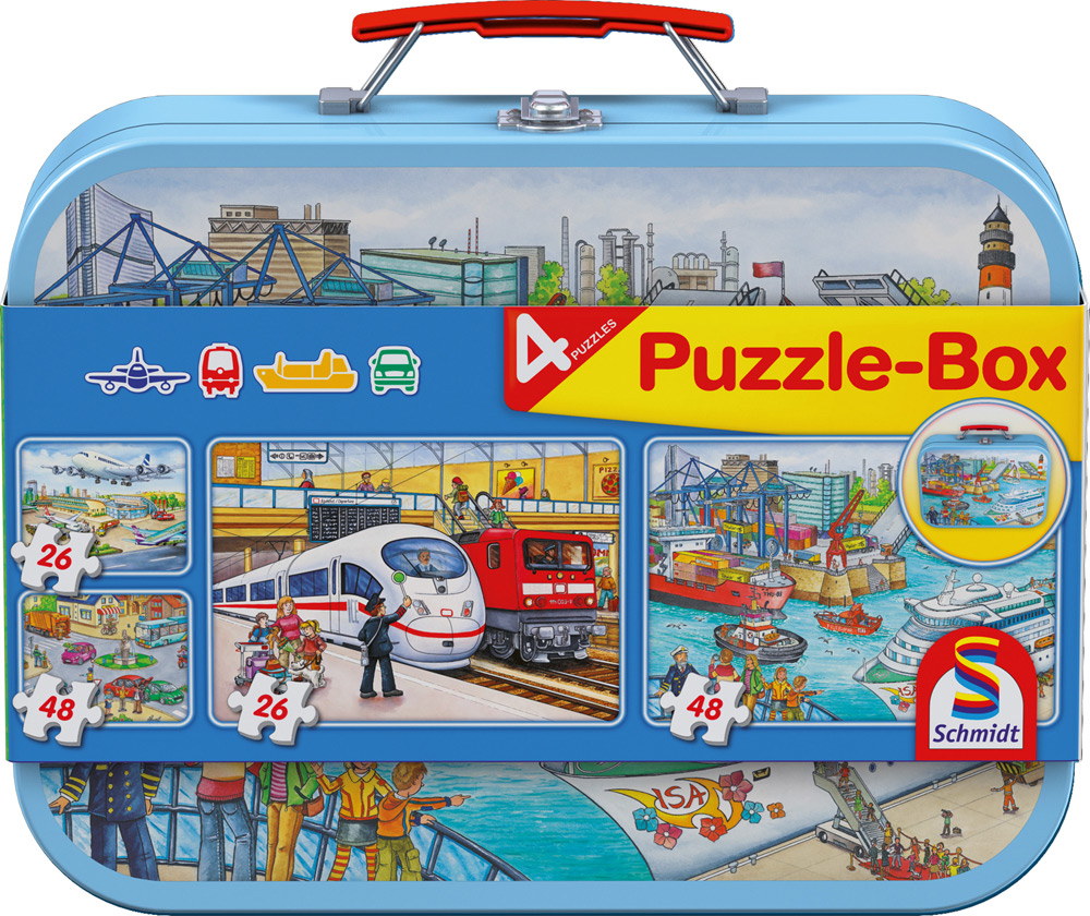 2 x 26 + 2 x 48 Teile Schmidt Spiele Kinder Puzzle Verkehrsmittel Puzzle-Box Metallkoffer 56508