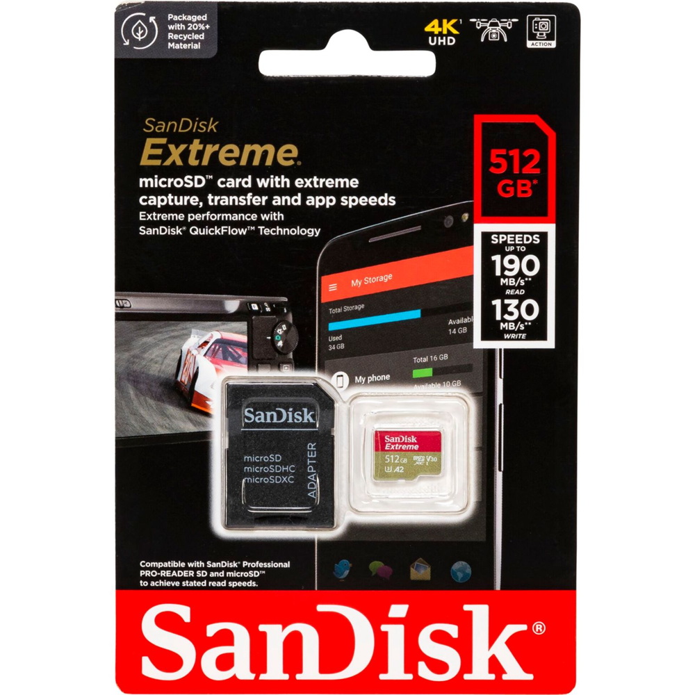 Sandisk Micro SDXC Karte 512GB Speicherkarte Extreme UHS-I U3 4K 190 MB/s V30 A2 Class 10