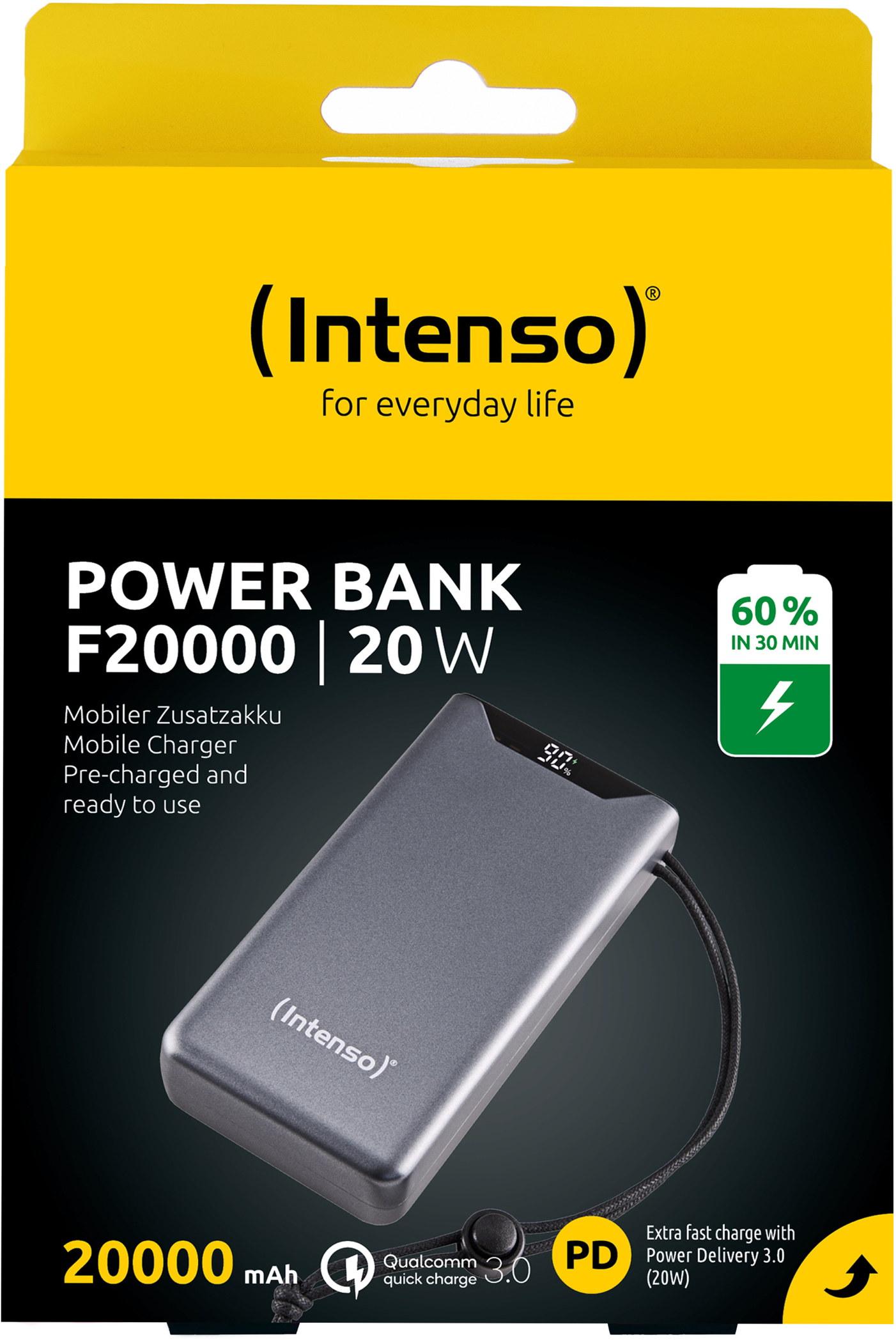 Intenso Powerbank F20000 PD Qualcomm Quick Charge 3.0 20000 mAh 1x USB Typ A und C OUT grau