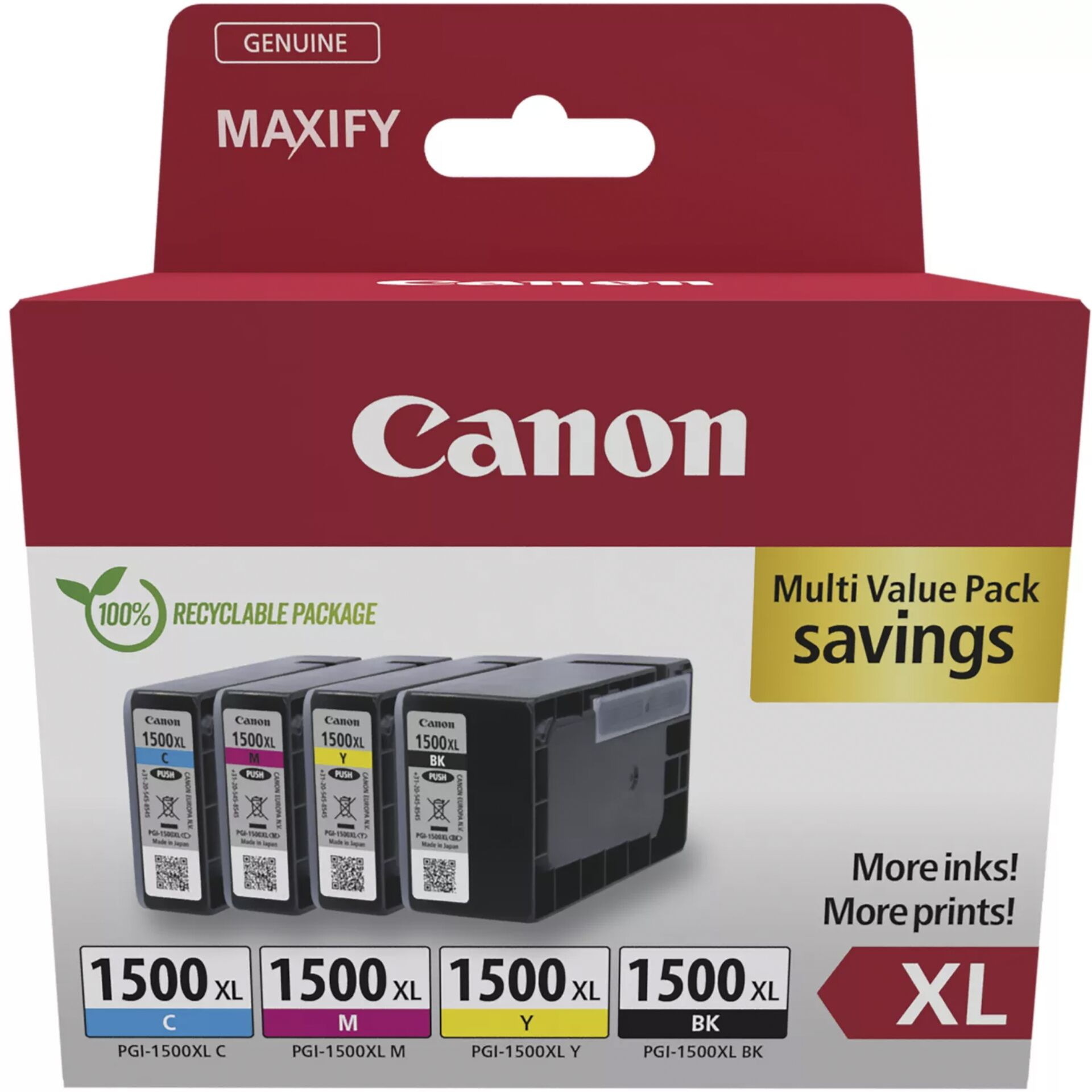 4 Canon Druckerpatronen Tinte PGI-1500 XL BK / C / M / Y Multi Value Pack