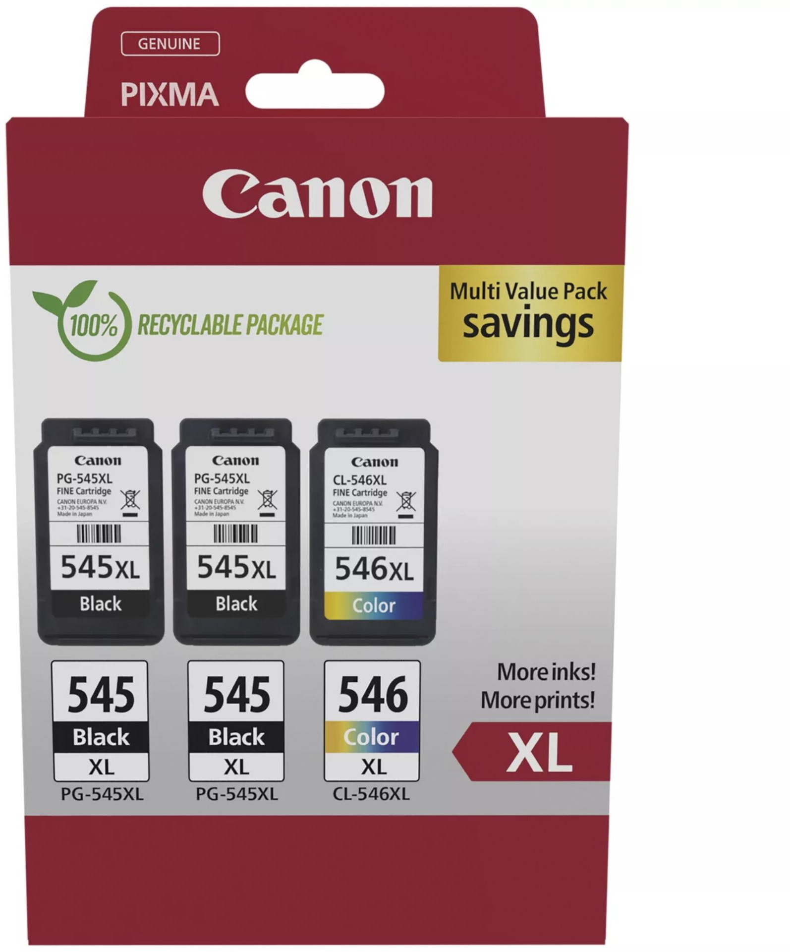 3 Canon Druckerpatronen Tinte 2x PG-545 XL BK / CL-546 XL tri-color Multi Value Pack