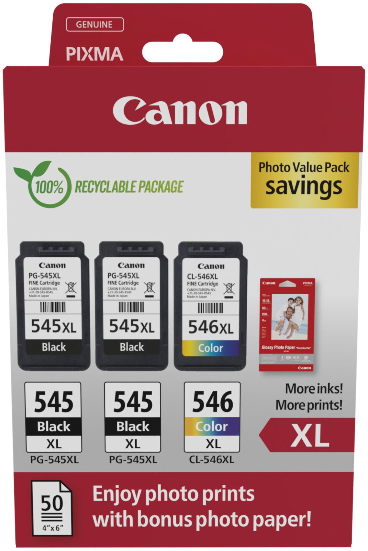 3 Canon Druckerpatronen Tinte 2x PG-545 XL BK / CL-546 XL tri-color Photo Value Pack inkl Fotopapier