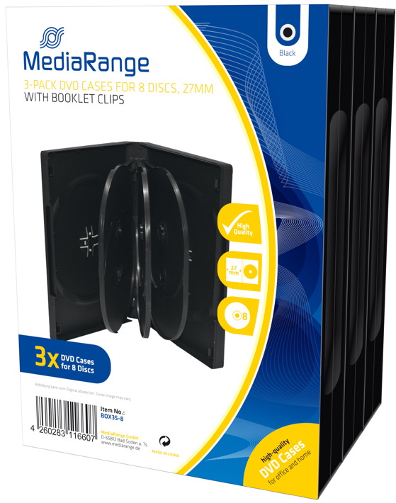 3 Mediarange DVD H�llen 8er Box 27 mm f�r je 8 BD / CD / DVD schwarz