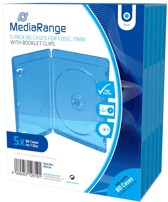 5 Mediarange Blu-ray H�llen 1er Box 11 mm f�r je 1 BD / CD / DVD blau