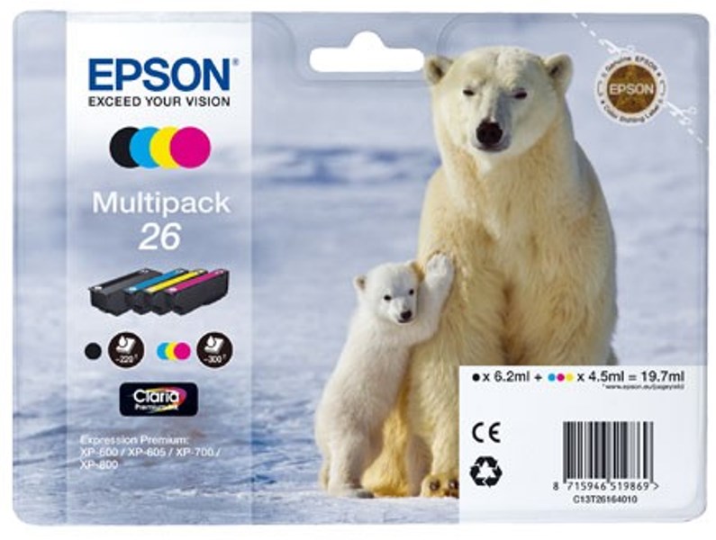 4 Epson Druckerpatronen Tinte 26 T2616 BK / C / M / Y Multipack