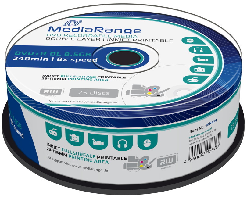 50 Mediarange Rohlinge DVD+R Double Layer full printable 8,5GB 8x Spindel