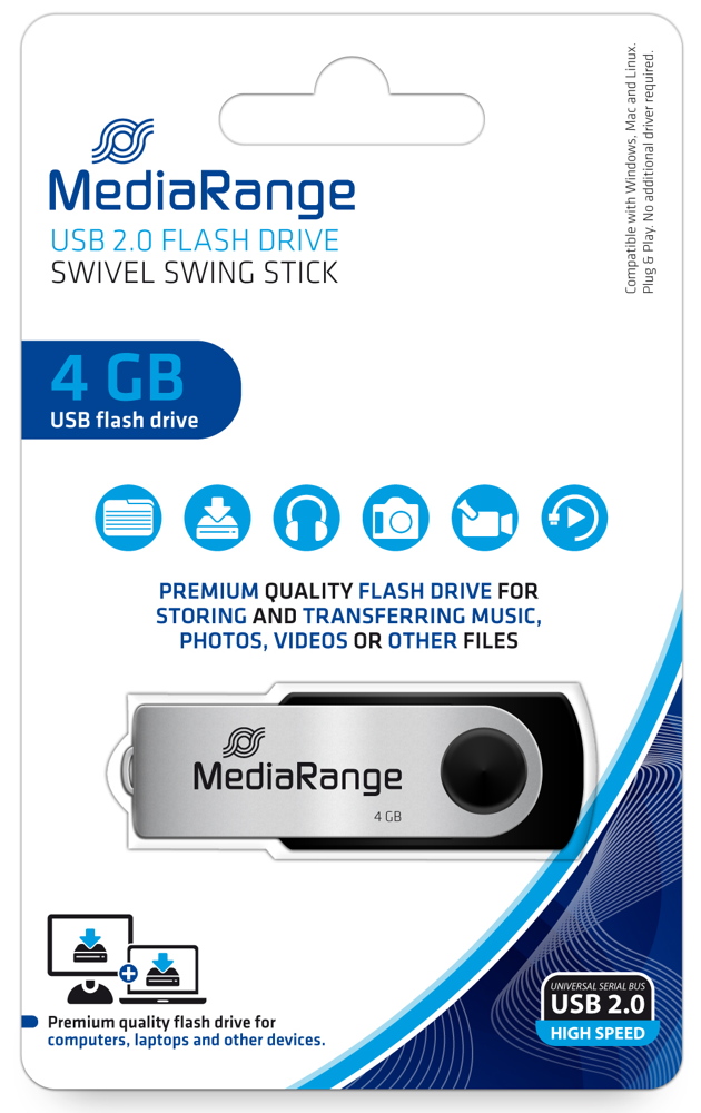 Mediarange USB Stick 4GB Speicherstick Swivel Swing silber