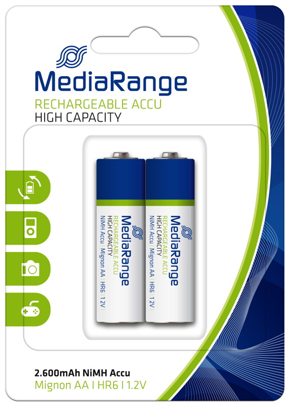 2 Mediarange Akku AA 2600mAh Nickel-Metall-Hydrid im 2er Blister