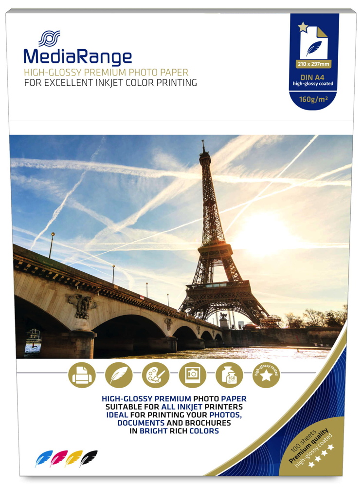 100 Mediarange Blatt Fotopapier DIN A4 high glossy glänzend einseitig 160 g/m²