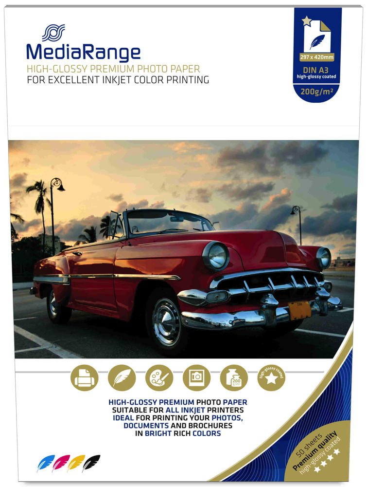 50 Mediarange Blatt Fotopapier DIN A3 high glossy glänzend einseitig 200 g/m²