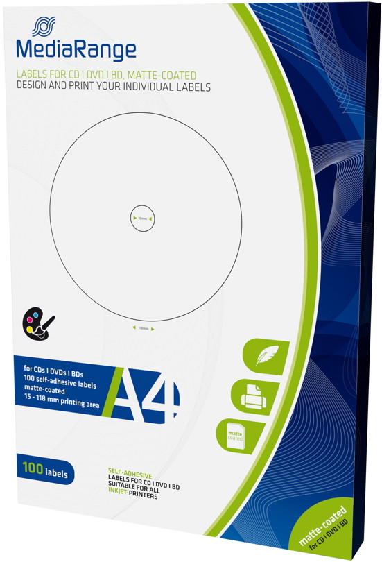 500 Mediarange BD / CD / DVD Label matt 15 mm bis 118 mm