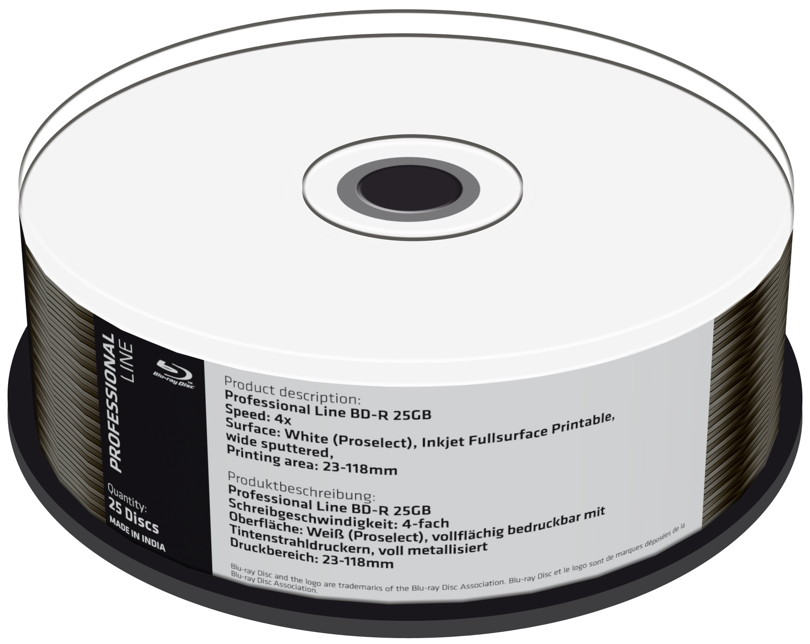 100 Professional Rohlinge Blu-ray BD-R full printable 25GB 4x Spindel