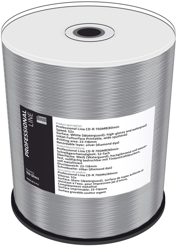100 Professional Rohlinge CD-R full printable waterguard glossy diamant 80Min 700MB 52x Spindel